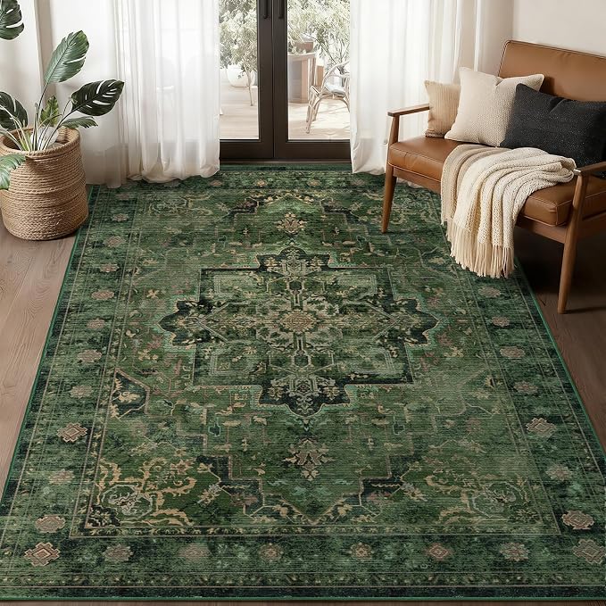 Vintage Dark Green Area Rugs 5x7 for Living Room, Tranditional Distressed Medallion Printed Low Pile Thin Rugs for Bedroom, Non Slip Washable Carpet Rugs for Dining Room/Kitchen/Home Office