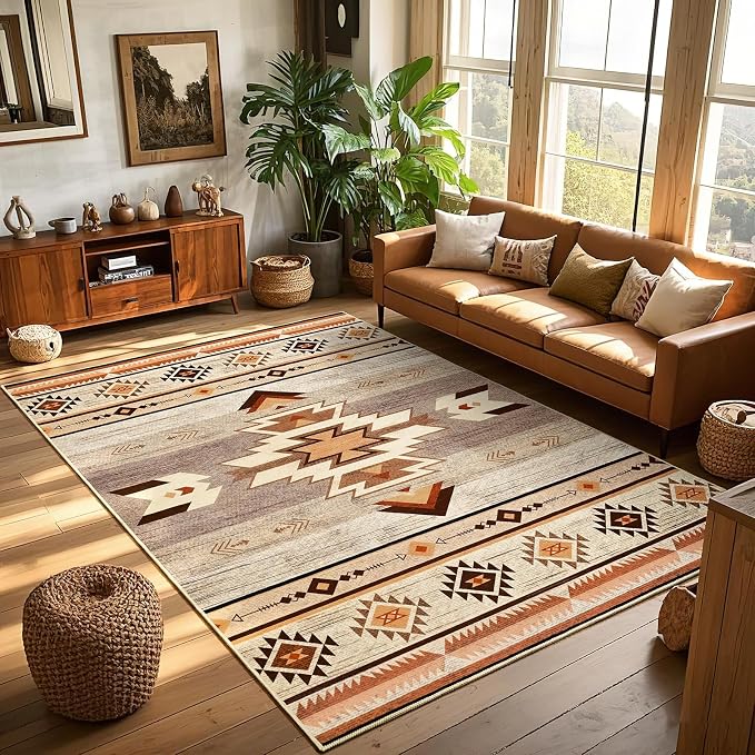 BENRON Western Area Rugs for Living Room Bedroom 4x6, Washable, Warm Beige | Non Slip Southwest aztec Rustic Rugs for Dining Table Kitchen Home Decor