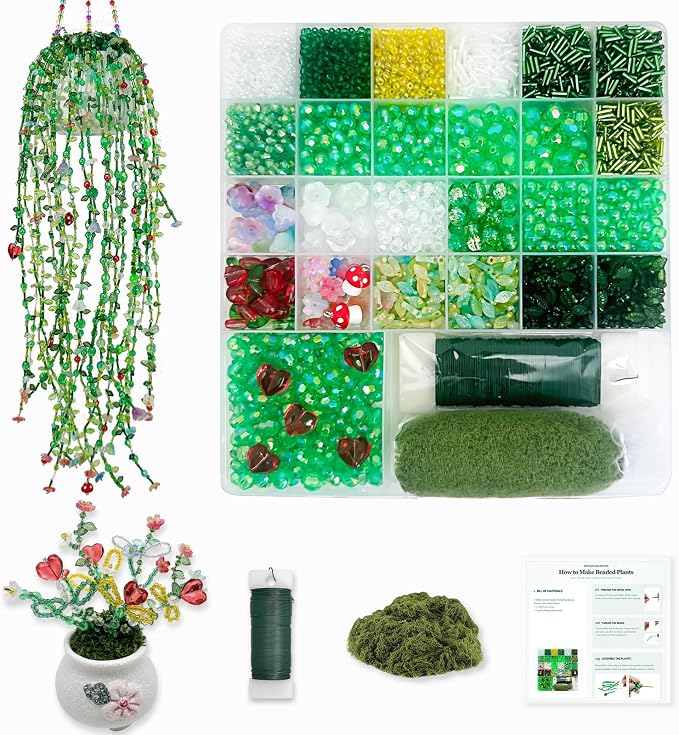 Green Glass Beads Beaded Plant Kit, 5880pcs DIY Leaf Flower Beads for Plant DIY Crafts and Jewelry Making Hanging Suncatchers Crystal Forever Plants with Tutorials Garden Decor Gifts for Adults