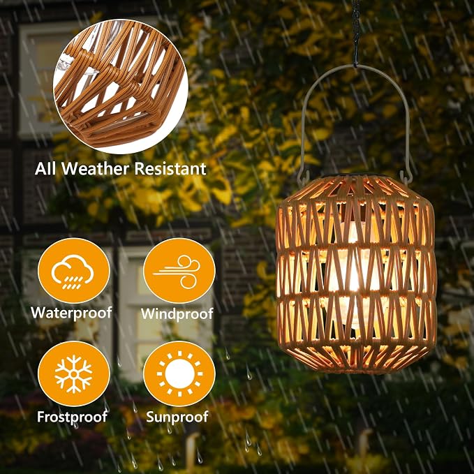 2 Pack Solar Lanterns Outdoor Waterproof, Rattan Solar Lights for Yard, Outdoor Garden Lights, Hanging Lanterns Decorative Birthday Gifts for Mom Grandma, Outdoor Lanterns for Porch Patio Pathway