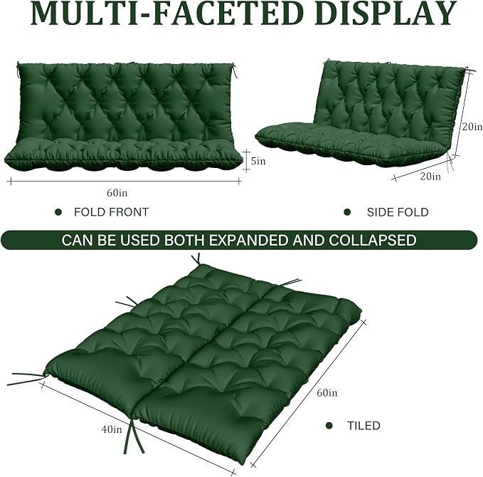 Porch Swing Cushion with Backrest,Waterproof Bench Cushion for Outdoor Furniture,2-3 Seater Replacement Thickened 5 in swing cushion,with Ties,Patio,Outdoor,Backyard and Garden (Green,60x40 in)