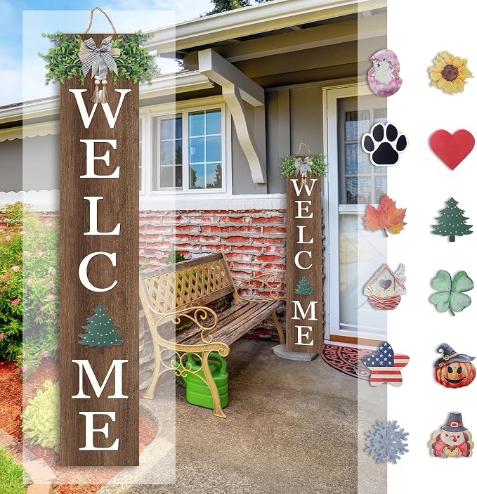 Interchangeable Welcome Sign for Front Door Standing 47"X8" with 12 Pcs Designed Icons Outdoor Front Porch Tall Garden Patio Signs Large Vertical Leaner Vertical Wood Frame Outside Decor (Wood)