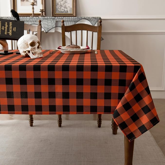 Classic Orange Gingham Buffalo Tablecloth Fabric - Oblong 58x144 Inch Water Proof Checkered Table Cloth for Indoor Outdoor - Farmhouse Table Cover for Halloween Party, Picnics, and Parties