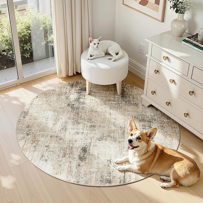 4ft Area Rug for Living Room, Abstract Washable Non-Slip Large Rugs, Gold | Soft Neutral Carpet for Bedroom, Dining Room, Home Office Nursery Indoor, Stain Resistant, Low Pile, Foldable Modern Rug