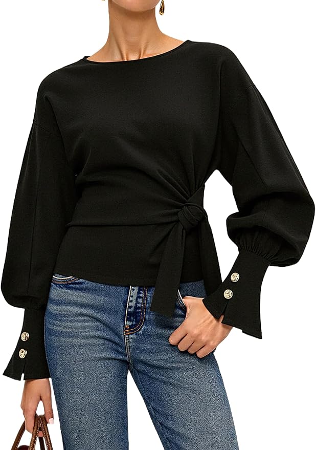 Dsewpaur Twist Knot Tie Front Sweatshirt Tops For Women Long Balloon Sleeve Crew Neck Pullover Casual Fall Outfits