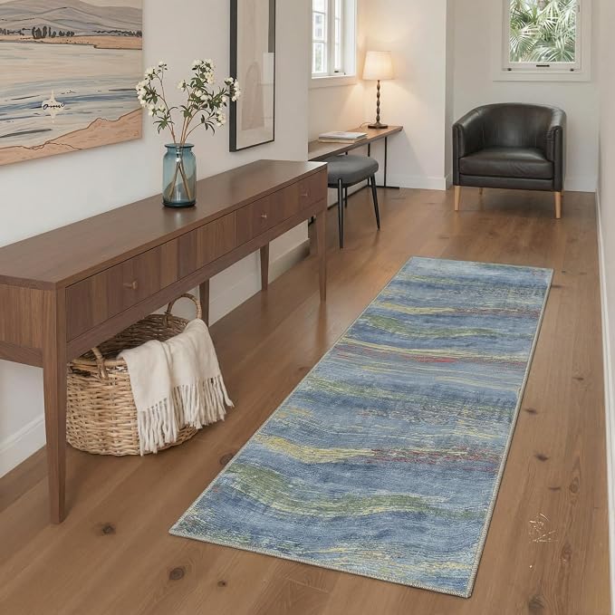 BEIMO 2x10 Non Slip Runner Rugs for Hallway, Wave Abstract Ocean Blue | Soft Machine Washable Modern Runners,Streaks Pattern Indoor Marble Carpet for Kitchen Laundry Room Bedroom Bathroom
