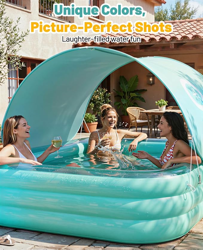 HeySplash Inflatable Pool, Swimming Pool 102" x 65"x 22" Green | Thickened Blow Up Pool with Canopy, Large Family Pool for Outdoor Backyard Garden Party Summer Fun Adults Kids