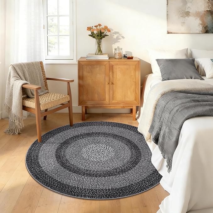 RUGSREAL Modern Bordered Round Area Rug 4ft Washable Bedroom Circle Rugs | Non Slip Stain Resistant Dining Room Round Throw Carpet Contemporary Circle Mats for Living Room Kitchen Nursery, Black