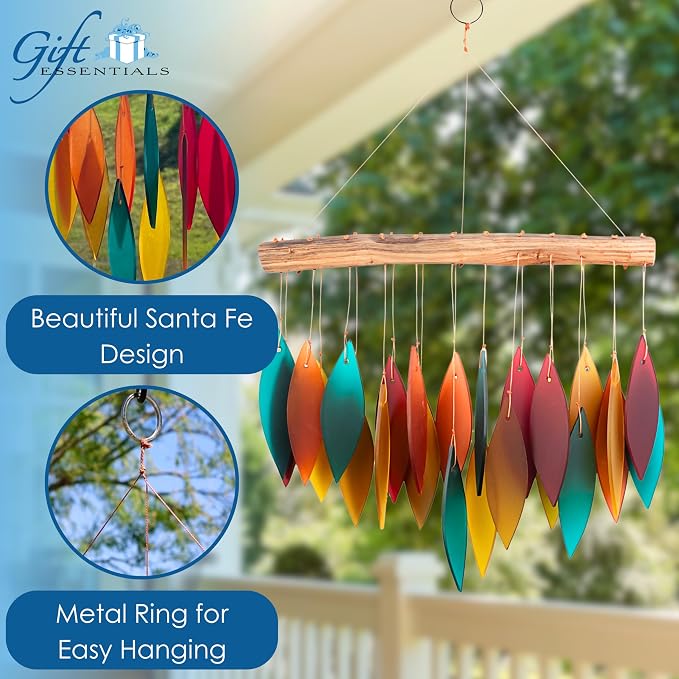 Blue Handworks Santa Fe Glass Leaves Wind Chime | Sandblasted Glass and Found Wood Handcrafted Wind Chime