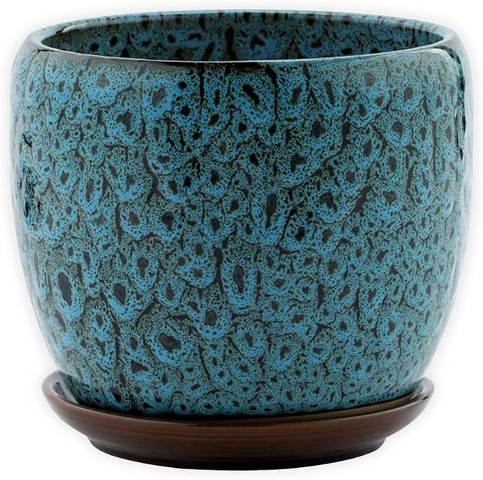 Napco 14248 Large Mottled Blue and White 6 x 6 Ceramic Standing Container Garden Planter Pot with Saucer