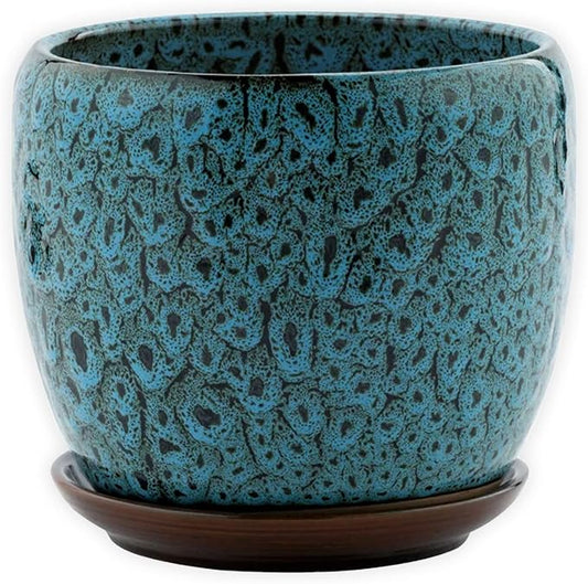 Napco 14248 Large Mottled Blue and White 6 x 6 Ceramic Standing Container Garden Planter Pot with Saucer