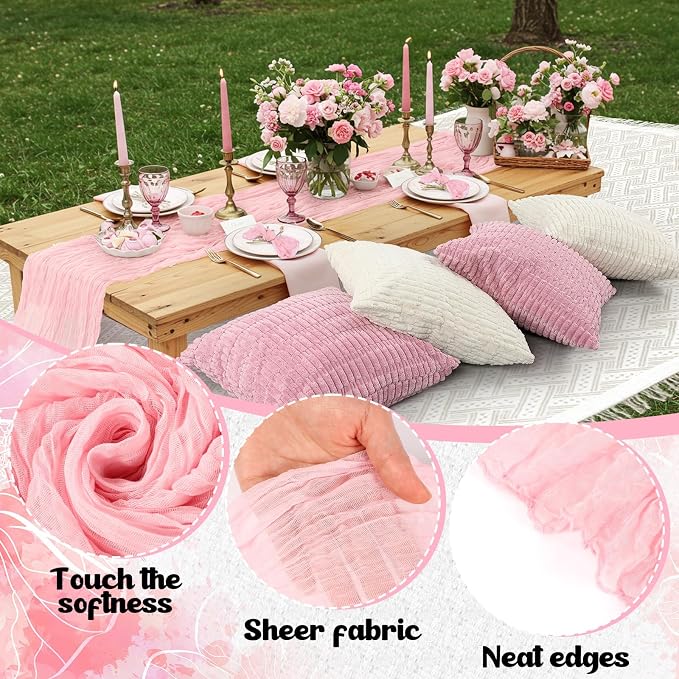 Beeveer 14 Pack Picnic Kit 91x71 Inch Extra Large Outdoor Boho Picnic Blanket with Pink Table Runner, 6 Throw Pillow Covers 6 Napkin Woven Cotton Yarn Washable Beach Blanket for Camp Wedding Decor