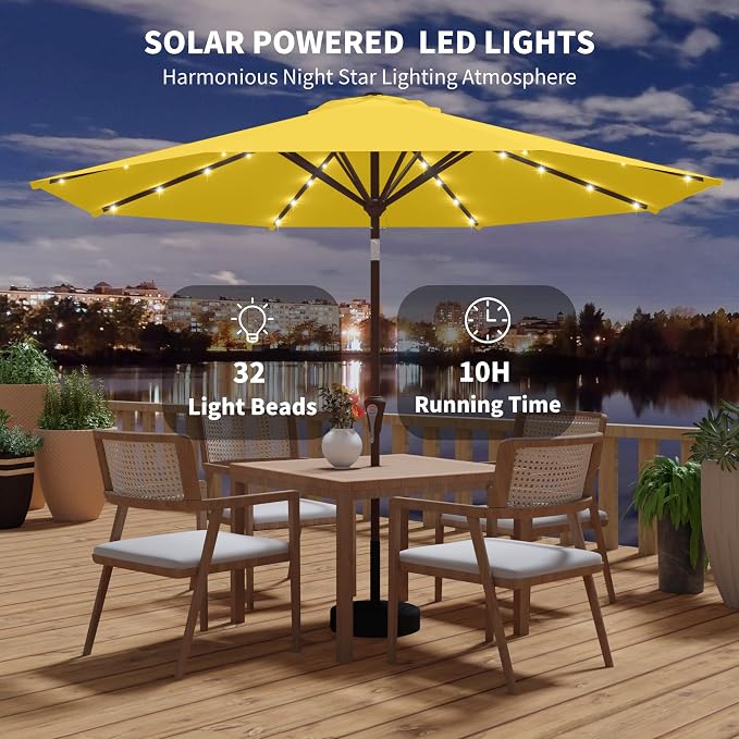 Kingdura 10FT Outdoor Patio Umbrella with Solar Lights, Market Table Umbrella with Push Button Tilt & Crank, 8 Sturdy Ribs, 32 LED Lights, UV Protection for Garden Lawn Deck Backyard Pool (Yellow)