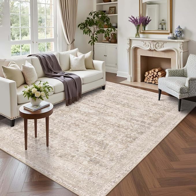 Latte&Fog 5x7 Beige Rug for Living Room，Washable Area Rugs for Bedroom | Non Slip Low Pile Soft Floral Carpet for Dining Kitchen Kids Playroom Nursery Guest Room Classroom Dorm Farmhouse Office