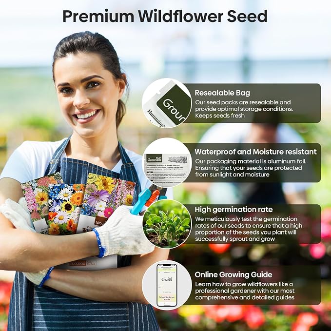 Groundio 25,000+ Wildflower Seeds Mix 1 Oz, 24 Varieties Perennial & Annual Seeds for Hummingbirds and Butterflies, High Germination Flower Seeds Throw and Grow to Plant Outside, No Filler