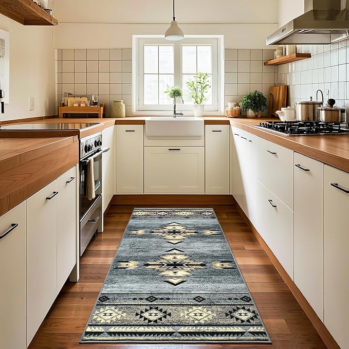 BENRON Western Hallway Runner Rug 2x4, Long Runners for Kitchen, Grey | Southwest aztec Rug, Accent and Tribal Throw Rugs for Bedroom, Washable