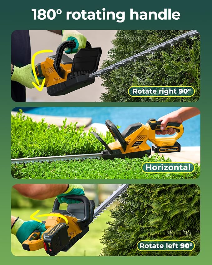20'' Hedge Trimmers Cordless with Battery, 3000RPM Brushless Electric Bush Clipper with 2pcs 2000mAh Rechargeable Batteries, 180° Rotatable Head, 2/3'' Blade Gap Yellow,Gifts for Father’s Day