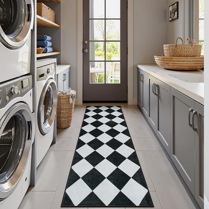 Beeiva Checkered Print Black Bathroom Runner Rug 2x6, Washable Ultra Thin Non Slip Laundry Room Rug Moroccan Stain Resistant Kitchen Runner, Modern Trellis Carpet for Hallway Bedroom Entryway Decor