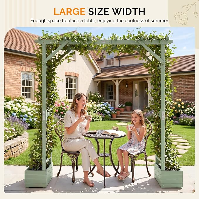 VINGLI Wooden Garden Arbor with Planter, Wedding Arch for Ceremony, Wood Garden Arbour Trellis for Plant Climbing, Pergola for Garden Backyard, Lawn, Outdoor (Olive Green)