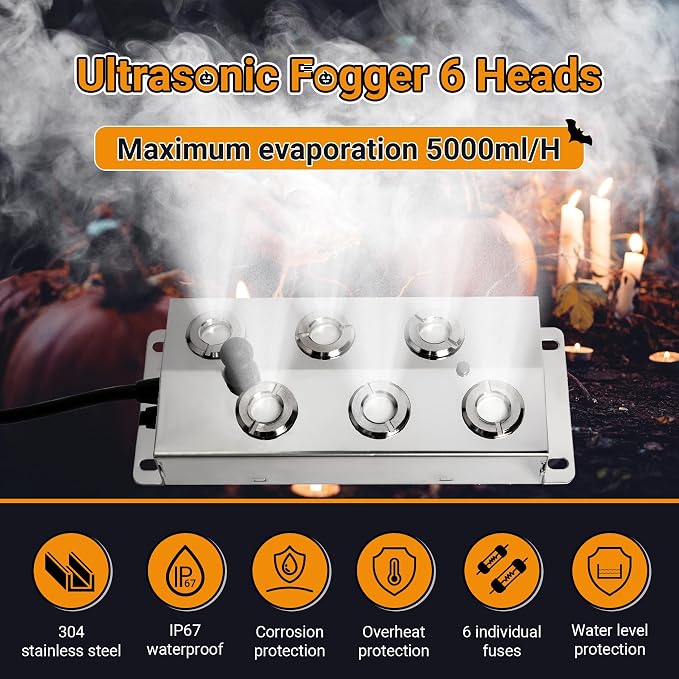 Ultrasonic Mist Maker Fogger 6 Heads, 5000ml/H Ultrasonic Fogger | 200W & IP67 Power Supply, with 2 Floats & 6 Atomizer Heads Replacements for Fountain Pond, Halloween
