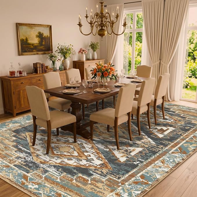 Washable 9x12 Area Rug for Living Room, Rustic Farmhouse Low-Pile Non-Slip Carpet, Stain Resistant Vintage Southwestern Large Rug for Bedroom Dining Room, Blue Rust Ivory