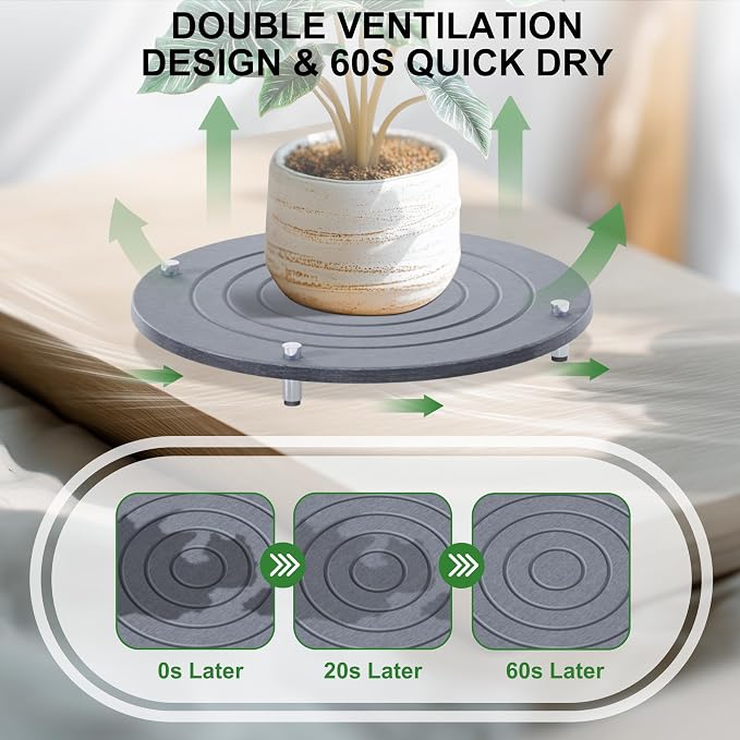 2Pcs 16 Inch Plant Saucers for Indoors, Instant Dry Diatomaceous Earth Plant Saucer, Plant Trays for Pots with Stainless Steel Feet, Plant Water Catcher Tray, Gray