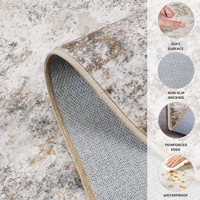 UERMEI 4x6 Area Rug Living Room Rugs Washable Neutral Brown Grey Carpet | Modern Abstract Non-Slip Soft Low Pile Floor Rugs for Bedroom Dining Room Home Office Indoor Decor