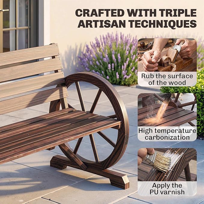 Outsunny 41" Wooden Wagon Wheel Bench, Rustic Outdoor Patio Bench Weather Resistance Furniture, 2-Person Slatted Seat with Backrest, Carbonized