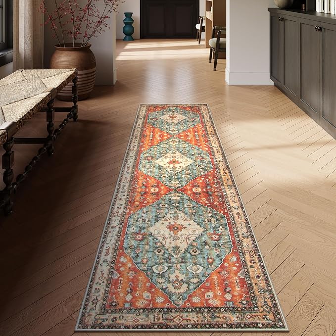 Lahome Felice Boho Tribal Runner Rug - 2x7 Hallway Kitchen Runner Rug Washable Bathroom Laundry Mat Faux Wool Non-Slip Floor Carpet for Entryway Bedroom Living Dining Room,Rust/Dull Teal
