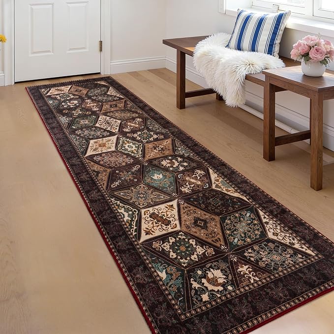 Moroccan Vintage Distressed Boho Geometric Brown 2.7x8 Runner Rug | Patchwork Washable Non Slip Throw Floor Long Carpet Runner for Hallway Entryway Kitchen Bathroom Bedroom Livingroom Rug