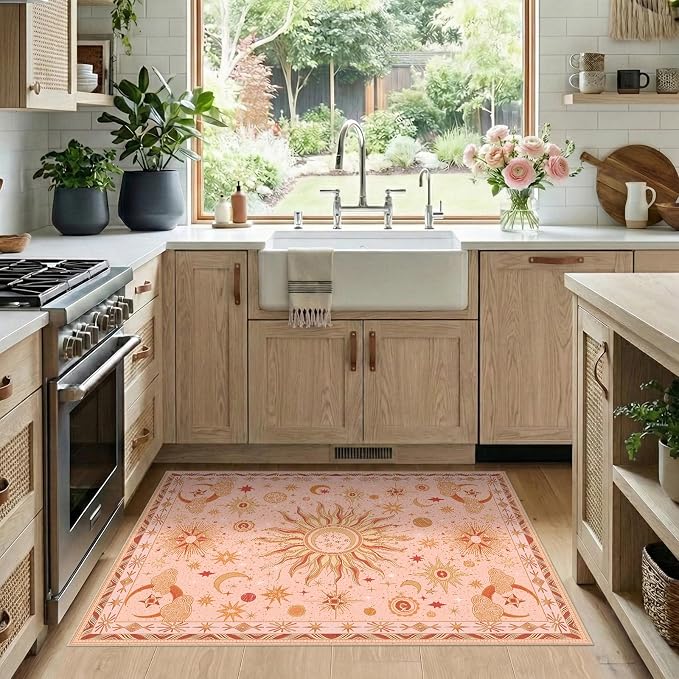 Vacuum-Friendly, 2x3 Washable Area Rug, Pink Gold Beige Red | Sun and Moon Boho Gothic Non-Slip Low Pile Living Roon Bedroom Dining Room Kitchen Entry Entryway Entrance Hallway Doormat