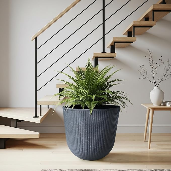 Worth Garden Round Large Planter Pot 1-Pack - 17.5" Dia x 15.5" H - Durable Plastic Grey Plant Tree Pots with Vertical Stripe Textured Finish, Drainage Hole for Indoor, Outdoor, Front Porch, Patio
