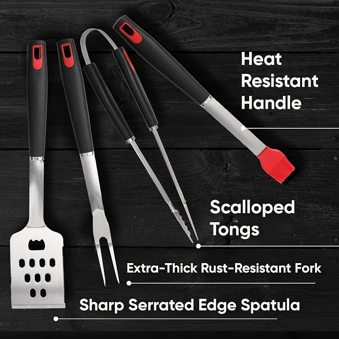 Grill Accessories Kit, BBQ Grill Set, Stainless Steel Grilling Accessories for Outdoor Grill, Spatula, Fork, Brush & BBQ Tongs (4 Pieces)