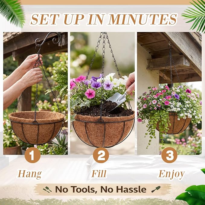 Dandat 12 Pack Hanging Planter Basket Outdoor Large Hanging Flower Pots Indoor 14 inch with Coco Coir Liner Round Wire Plant Holder Chain Basket Garden for Home Decor Balcony Office