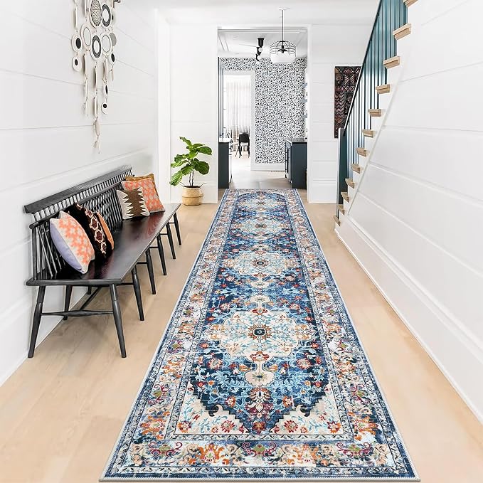 U'Artlines 2' x 10' Boho Hallway Runner Rug, Non Slip Washable Vintage Farmhouse Accent Area Rug Carpet for Kitchen Entryway Laundry and Living Room (Blue) | Vintage Farmhouse Kitchen Rug Accent Area Carpet for Entryway Laundry and Living Room