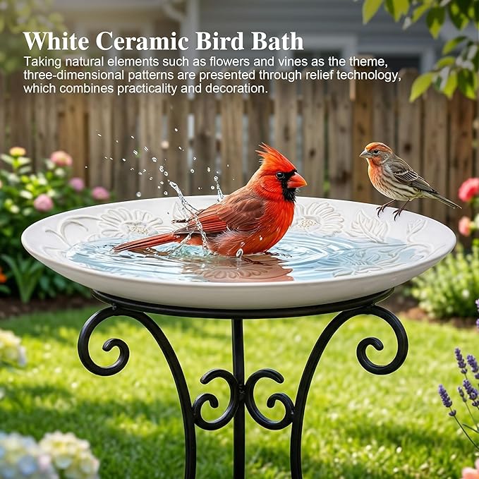 Topadorn Ceramic Bird Bath Bowl for Outdoors, 14.17" Decorative Bird Bath with Embossed Floral Design, Tabletop Birdbath for Garden, Patio, Deck & Balcony