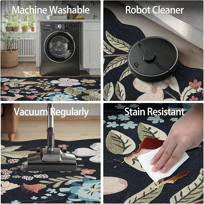DCX Vintage Floral Washable Area Rug 3x5, Non Slip Low Pile Rug, Black | Rugs for bedroom, living room, dining room, office, soft, kid & pet friendly, sain resistant indoor carpet, home decor