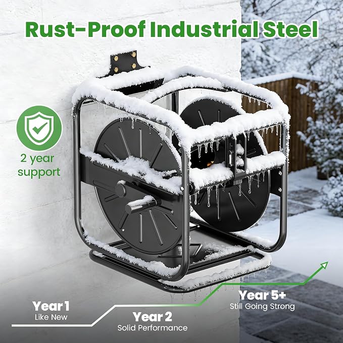 SPECILITE Heavy Duty Hose Reel with 100Ft 3/4" 304 Stainless Steel Garden Hoses, Upgraded Guide System, 360 Swivel Base, Wall Mount/Floor Water Pipe Spool for Outside, Yard, Lawn