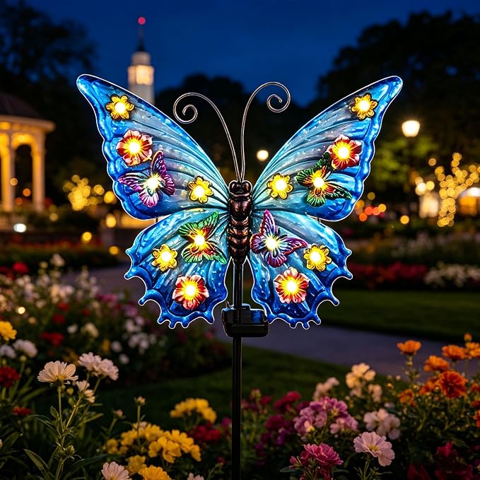 Butterfly Solar Lights Outdoor Waterproof 50.0" Large with String Bulbs and Flowers, Solar Garden Stakes Butterfly Yard Decor Gardening Gifts for Women Mom Grandma Gardeners Enthusiasts