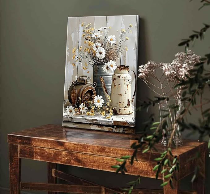 Farmhouse Rustic Flower Bathroom Canvas Wall Art White Jasmine and Rust Color Watering Can Wall Decor Picture Vintage Daisy Floral Posters Print for Bathroom Toilet Washroom Lavatory Home Decoration