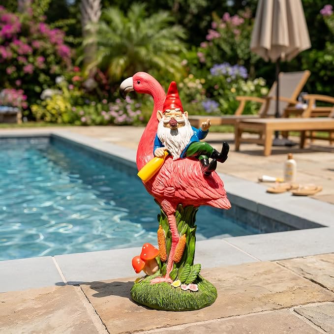 Candieslife Middle Finger Gnome Riding Flamingo 13in, Funny Garden Statue Solar Powered Outdoor Yard Decor with LED Beer Bottle & Mushrooms, Waterproof Naughty Lawn Ornament Gag Gift for Patio, Porch
