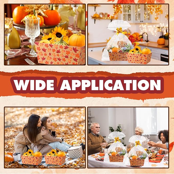 Qinyoung 12 Pcs Fall Basket for Gifts Empty 9.8 x 6.5'' Maple Leaves Gift Basket Empty to Fill with Handles, Bows, Plastic Bags and Twist Ties for Autumn Thanksgiving Party Favor Supplies