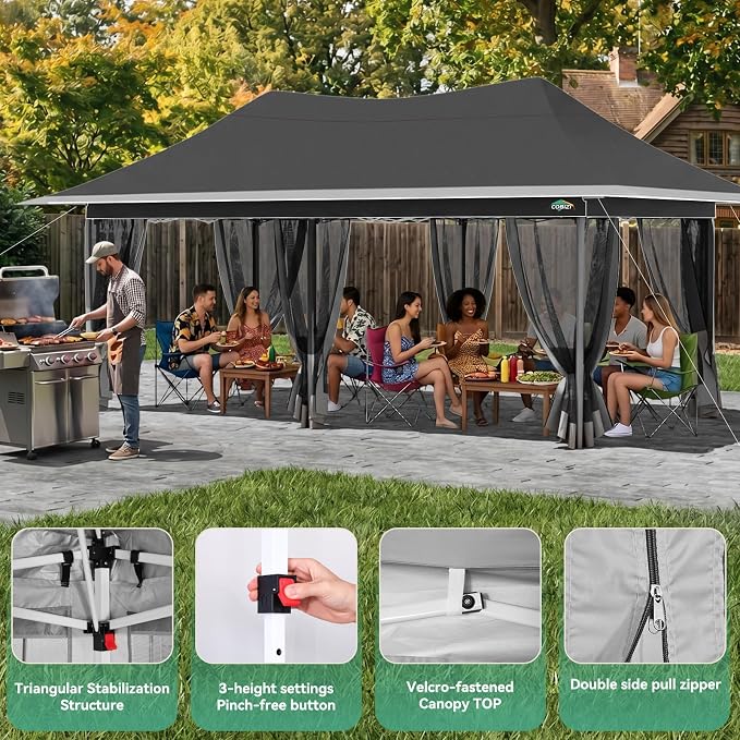 COBIZI 12x20 Pop up Canopy Tent - Gazebo, Party Tents for Parties, Carpas para Fiestas, Large Outdoor Popup Patio Screened Gazebos, Shelter Tents with Net for Backyard, Commercial,Darkgrey
