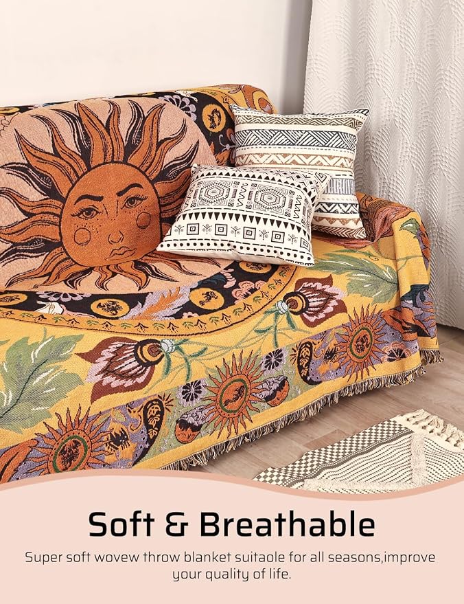 Boho Throw Blanket for Bed Couch Sofa Reversible Cotton Bohemian Travel Boho QuiltMexican Muslin Blanket Tapestry Hippie Room Decor Outdoor Blanket Double Sided (Sun Pattern Yellow 70"x90")