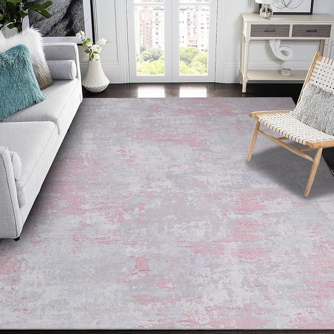 ROYHOME Modern Abstract Area Rug 6x9 Non Slip Non Shedding Rug Low Pile Stain Resistant for Bedroom Living Room,Grey Pink