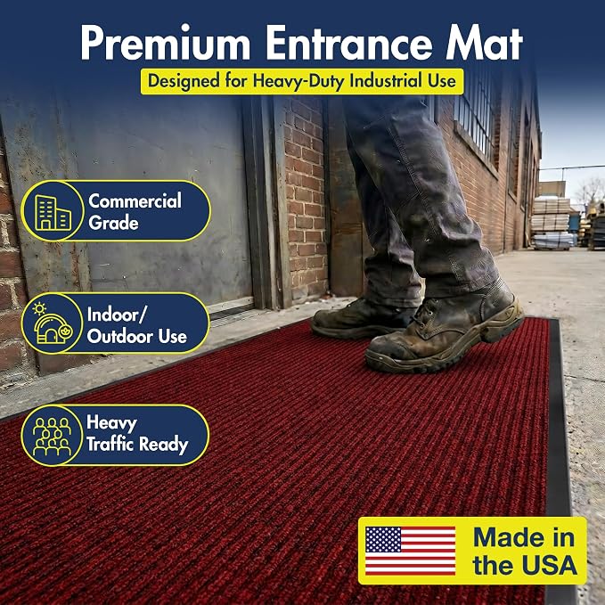 Notrax 109 Industrial Door Mat, 3' x 6' Large Entrance Mat, Heavy Duty Commercial Rugs for Entryway, Welcome Lobbies, Garage, and Mudroom, Made in the USA, Red, Brush Step 109S0036RB