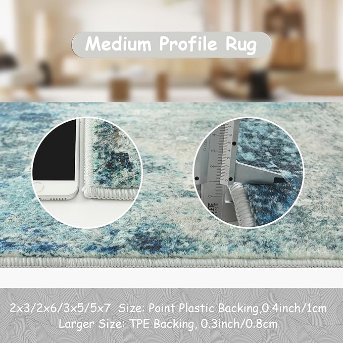 Lahome Modern Abstract Hallway Runner Rug 8ft, Washable 2x8 Rug Runners for Hallways Non Slip, Soft Bathroom Kitchen Runner Non Skid Carpet Runner for Entryway Laundry Bedroom RV, Blue/Grey