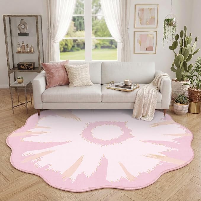 Latte&Fog 6ft Pink Round Area Rug for Girl Bedroom Washable Cute Circle Rug | Non Slip Low Pile Soft Floral Indoor Carpet for Living Room Kids Playroom Nursery Classroom Dorm Decor Dining Kitchen Office