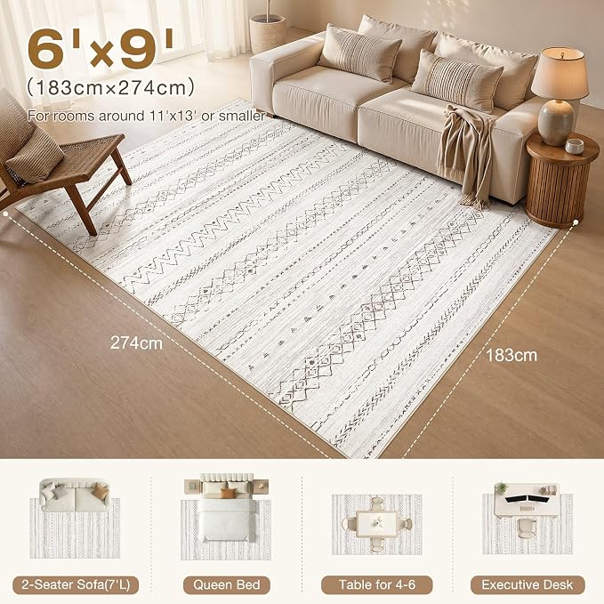 cotiled 6x9 Washable Area Rugs Living Room: Soft Lightweight Boho Rug | Solve Modern Neutral Trendy Home Decor - Stain Resistan Indoor Carpet for Bedroom Nursery Dining Room Brown