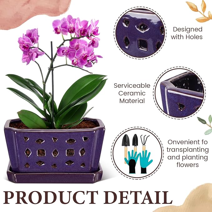 Teenyyou 1 Set Orchid Pot with Holes 9.5 Inch Ceramic Orchid Pot with Saucers for Repotting Amaryllis Flower Planter Include Gardening Shovel Set and Gloves for Home Decor (Purple)